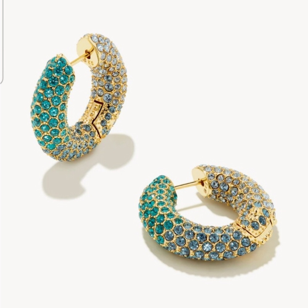Kendra Scott Gold Hoop Earrings Teal & Aqua Ombré Crystal Pavé